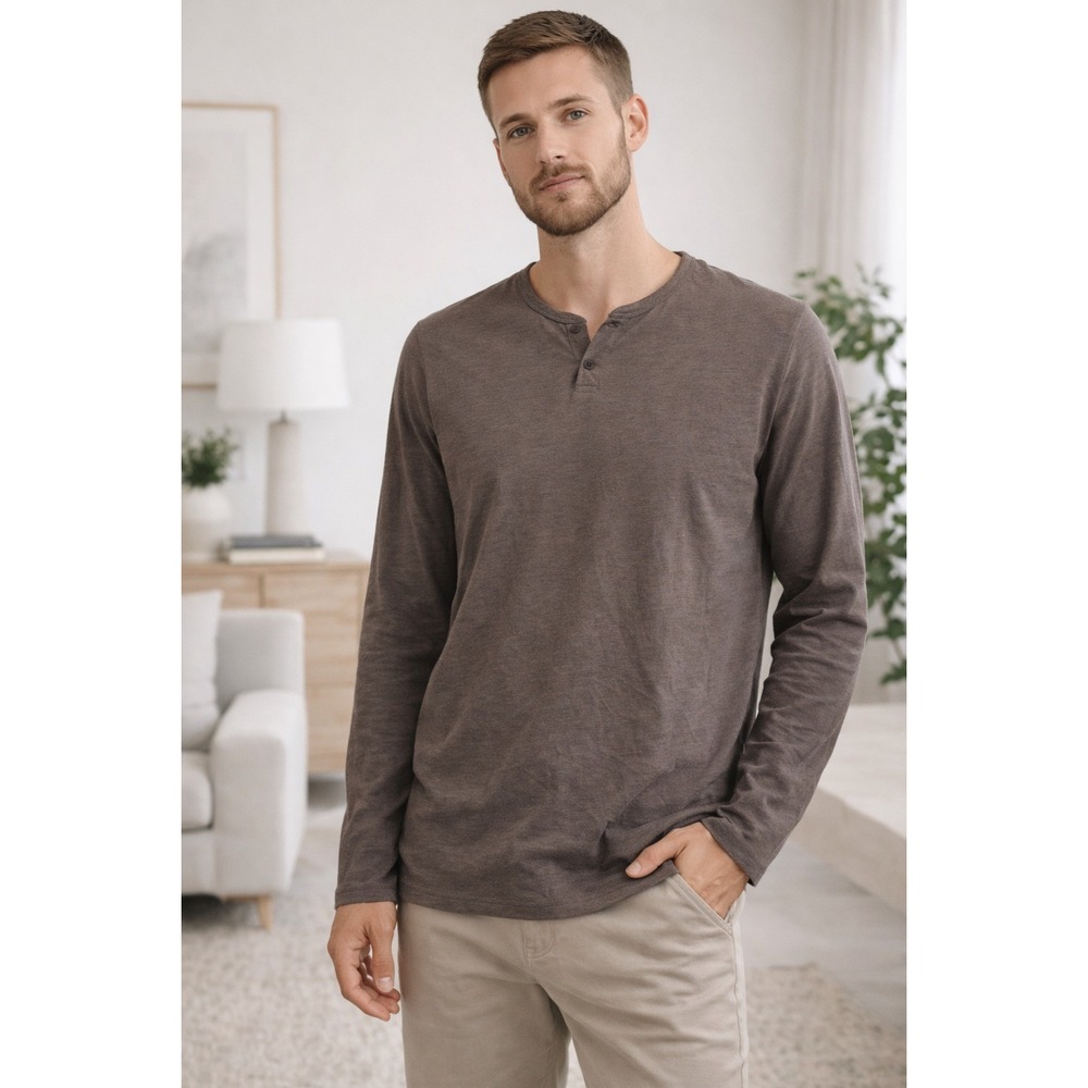 Vestige Mens XL Brown Organic Cotton Long Sleeve Henley Shirt Made in USA Slub